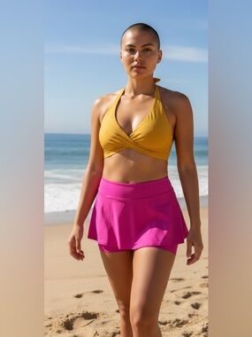 NWT-XL 3 Piece
Halter Bikini Top & Pink Skirted Bottom Full coverage black brief